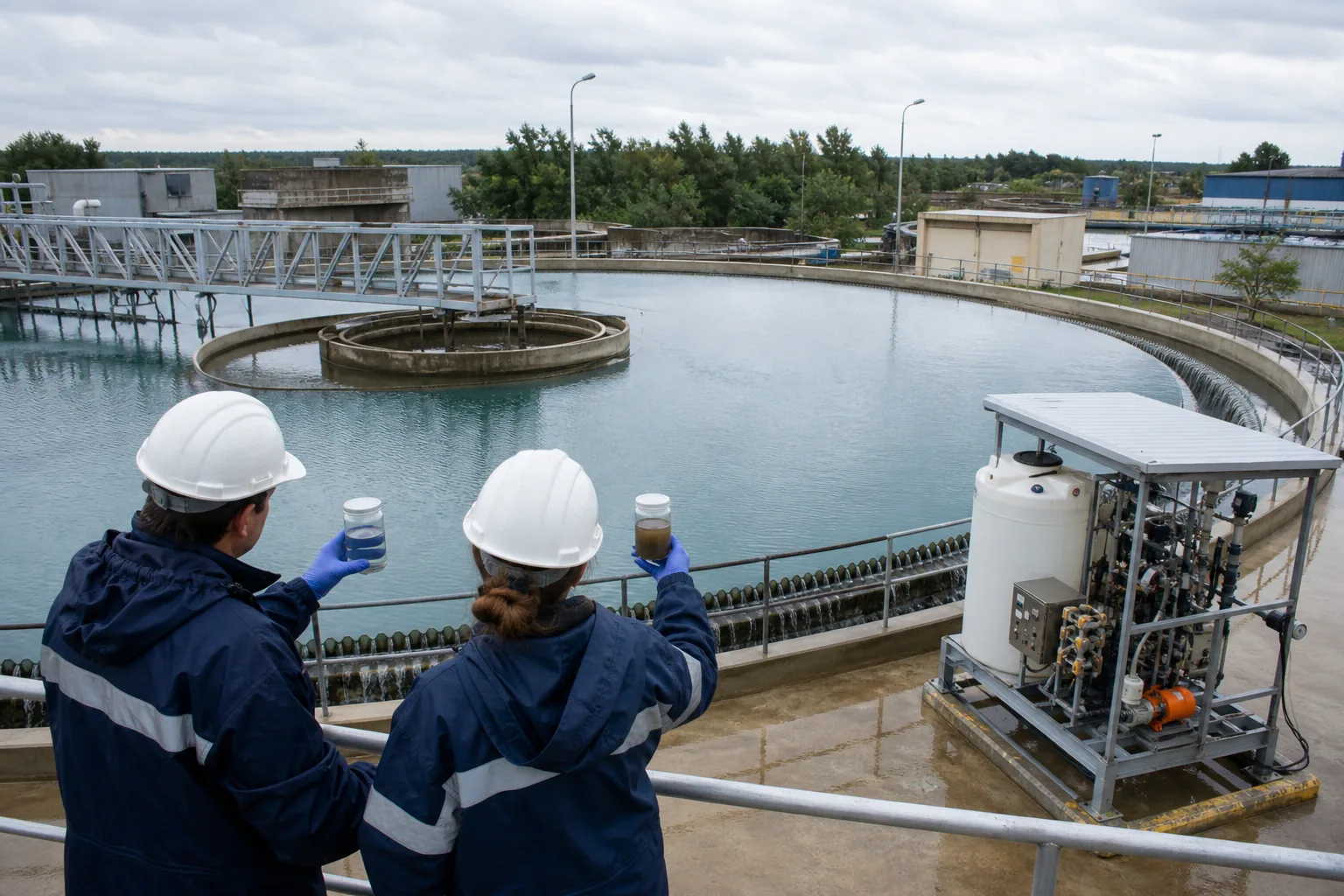 Circular clarifier, overflow launder and polymer dosing skid under process inspection
