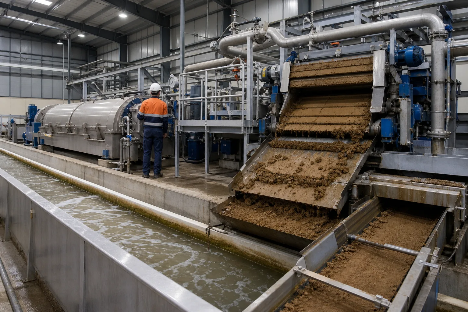 Belt filter press and decanter centrifuge processing conditioned wastewater sludge