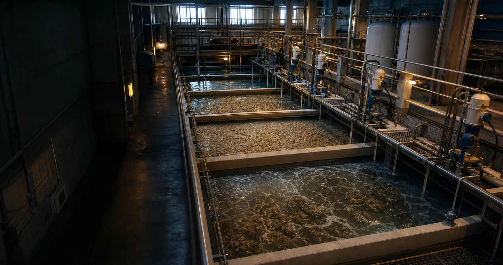 Parallel flocculation basins, dosing pumps and process-water separation lanes