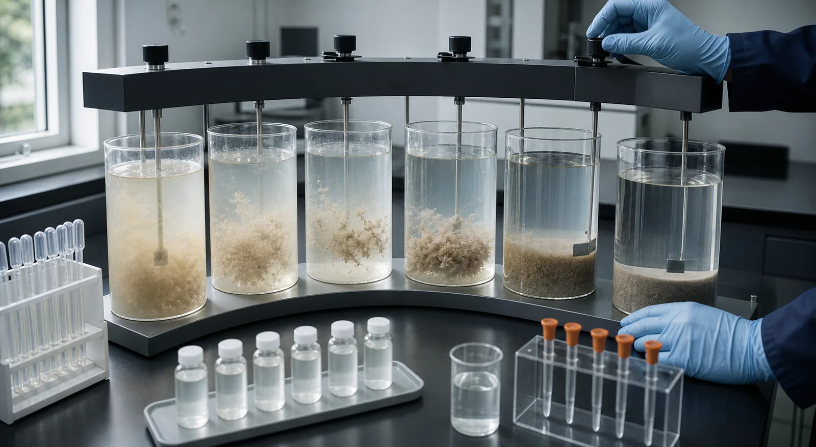 Six-vessel jar test comparing floc size, settling interface and supernatant clarity