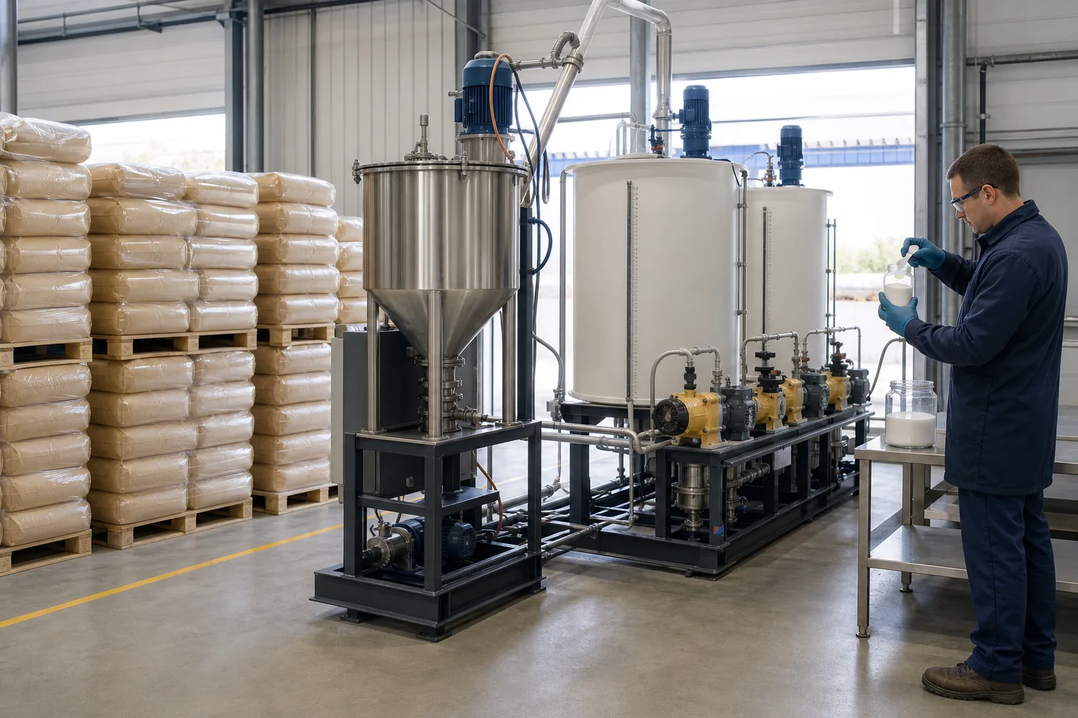 Sealed polymer bags, powder induction hopper, maturation tanks and retained sample